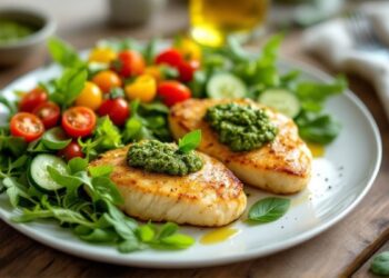 Greita vakarienė vištienos krūtinėlės su pesto ir salotomis