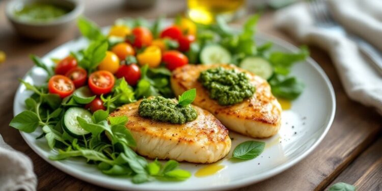 Greita vakarienė vištienos krūtinėlės su pesto ir salotomis