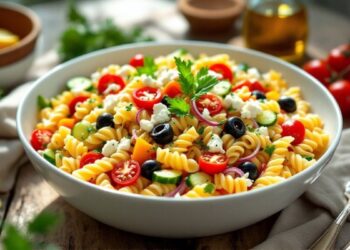 Makaronų salotos su fetos sūriu ir daržovėmis