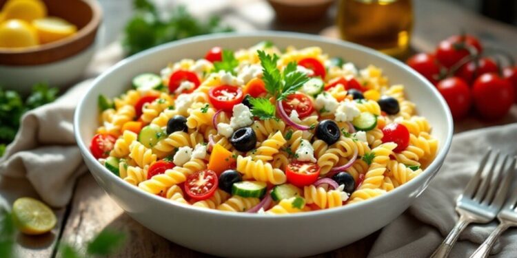 Makaronų salotos su fetos sūriu ir daržovėmis